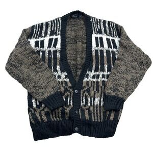 Vintage Cardigan Sweater Men Medium Brown Grandpa Geometric 90s Chunky Funky